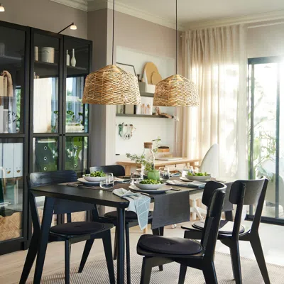 Ikea Kappeland / Havsdjup Pendant Lamp, Black/rattan, 17 3/4 "