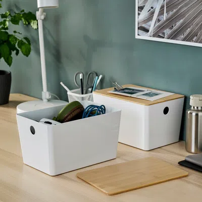 Ikea Kuggis Box With Lid, White/bamboo, 7x10 ¼x6 "