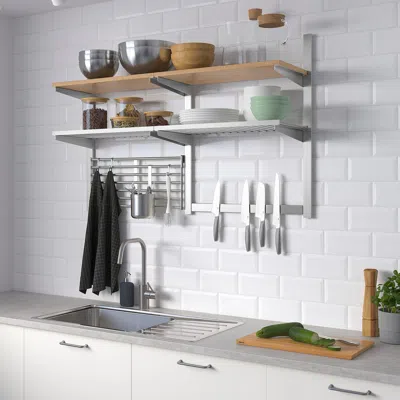 Ikea Kungsfors Wall Storage With Grid + Knife Rack, Stainless Steel/ash Veneer, Width: 48 7/8 "
