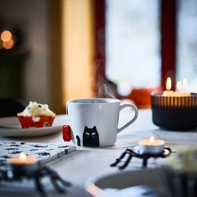 Ikea Kustfyr Mug, Cat Pattern White/black, 12 oz In Multi