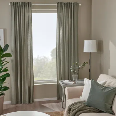 Ikea Lenda Curtains With Tie-backs, 1 Pair, Light Gray-green/with Heading Tape, 55x98 "