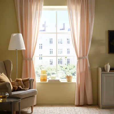 Ikea Lenda Curtains With Tie-backs, 1 Pair, Light Pink/with Heading Tape, 55x98 "
