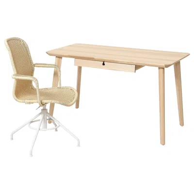 Ikea Lisabo / Stigbygel Desk And Chair, Ash Veneer Beige/white In Neutral