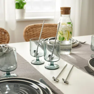 Ikea Lufttät 5-pc Drink Strw/spoon Set With Clng Br, Stainless Steel, Length: 7 ¾ " In Silver