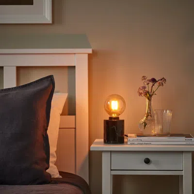 Ikea Markfrost / Molnart Table Lamp With Led Bulb, Marble Black/globe Brown Clear Glass