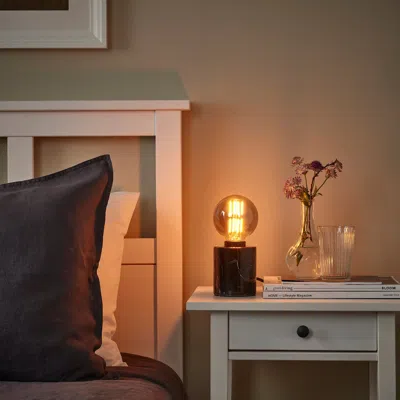 Ikea Markfrost / Molnart Table Lamp With Led Bulb, Marble Black/globe Gray Clear Glass