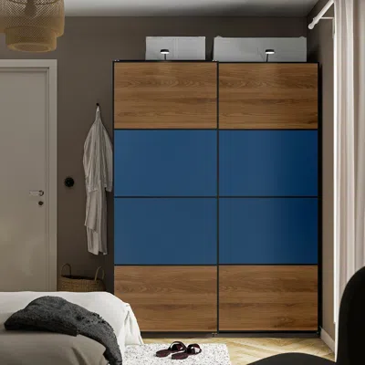 Ikea Mehamn 4 Panels For Sliding Door Frame, Walnut Effect/blue, 29 1/2x79 1/8 "