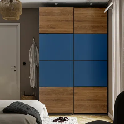 Ikea Mehamn 4 Panels For Sliding Door Frame, Walnut Effect/blue, 29 1/2x92 7/8 "