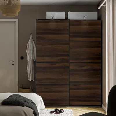 Ikea Mehamn Pair Of Sliding Doors, Black/double Sided Dark Brown Oak Effect, 59x79 1/8 "