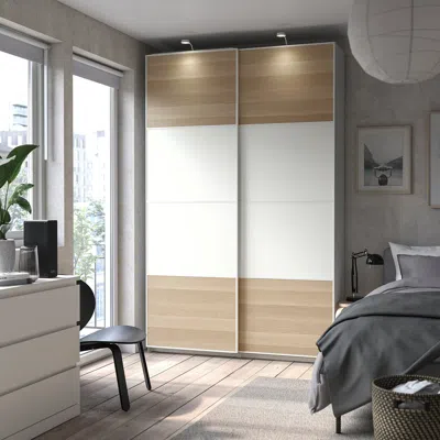 Ikea Mehamn Pair Of Sliding Doors, Double Sided/white Stained Oak Effect White, 59x92 7/8 "