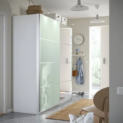 Ikea Mehamn/auli Pair Of Sliding Doors, Aluminum Double Sided/light Green Mirror Glass, 78 3/4x79 1/8 "