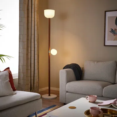 Ikea Mossplym Floor Uplighter/reading Lamp, Opal Glass/dark-brown Oak, 71 "