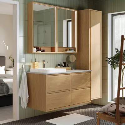 Ikea Ängsjön / Backsjön Bathroom Vanity With Sink & Faucet, Oak Effect, 49x21 1/2x28 1/4 "