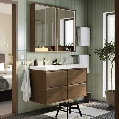 Ikea Ängsjön / Backsjön Double Vanity With Sink & Faucet, Brown Oak Effect, 48 1/8x21x27 1/2 "