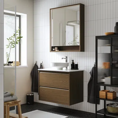 Ikea Ängsjön / Lersjön Bathroom Vanity With Sink & Faucet, Brown Oak Effect, 31x21 1/2x31 3/8 "