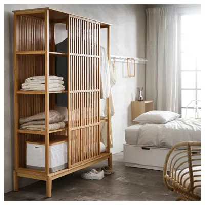 Ikea Nordkisa Open Wardrobe With Sliding Door, Bamboo, 47 1/4x73 1/4 " In Brown