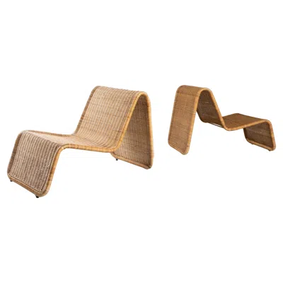 Pre-owned Ikea Pair Of Br3 Rattan Lounge Chairs, Tito Agnoli, Bonacina, 1960, Mid-century Style In Brown