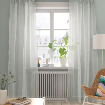 Ikea Palpljungmal Sheer Curtains, 1 Pair, White White/check Pattern With Heading Tape, 57x98 " In Gray