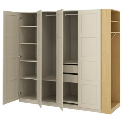 Ikea Pax / Bergsbo Wardrobe Combination, Gray-beige Gray-beige/oak Effect, 86 5/8x23 5/8x79 1/4 "