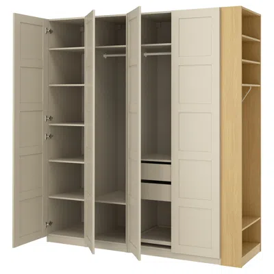 Ikea Pax / Bergsbo Wardrobe Combination, Gray-beige Gray-beige/oak Effect, 86 5/8x23 5/8x93 1/8 "