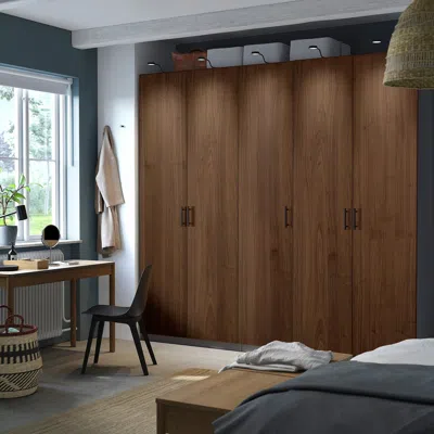 Ikea Pax / Björneskogen Wardrobe Combination, Dark Gray/walnut Veneer, 98 3/8x23 5/8x93 1/8 " In Brown