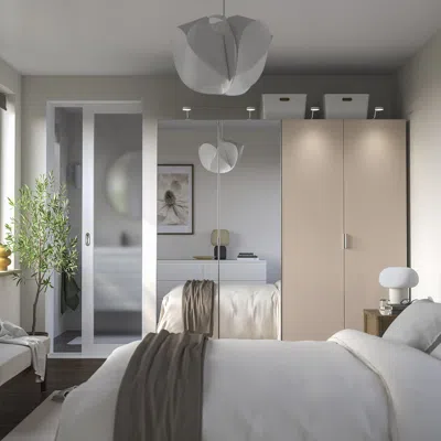 Ikea Pax / Fardal/åheim Wardrobe Combination, Gray-beige High Gloss/light Orange Mirror Glass, 78 3/4x23 