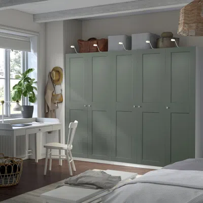 Ikea Pax / Grimo Wardrobe Combination, White/gray-green, 98 3/8x23 5/8x79 1/4 "