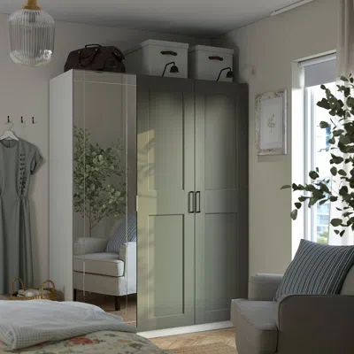 Ikea Pax / Kammartorp/grimo Wardrobe Combination, White Mirror Glass/gray Gray-green, 59x23 5/8x79 1/4 "