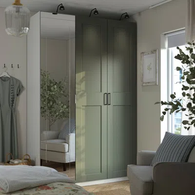Ikea Pax / Kammartorp/grimo Wardrobe Combination, White Mirror Glass/gray Gray-green, 59x23 5/8x93 1/8 "
