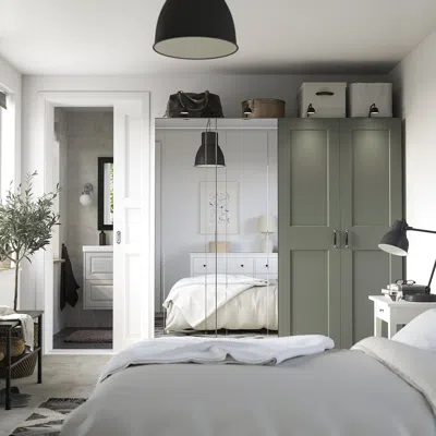 Ikea Pax / Kammartorp/grimo Wardrobe Combination, White Mirror Glass/gray Gray-green, 78 3/4x23 5/8x79 1/