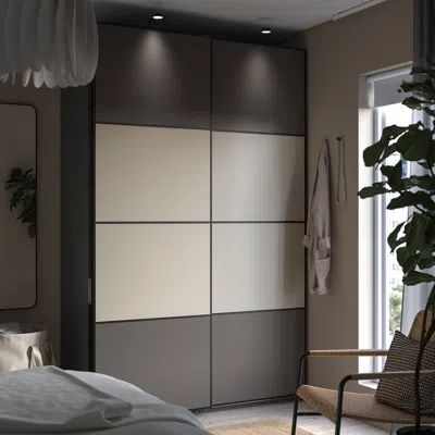Ikea Pax / Mehamn Wardrobe With Sliding Doors, Double Sided Dark Gray/gray-beige, 59x26x93 1/8 "