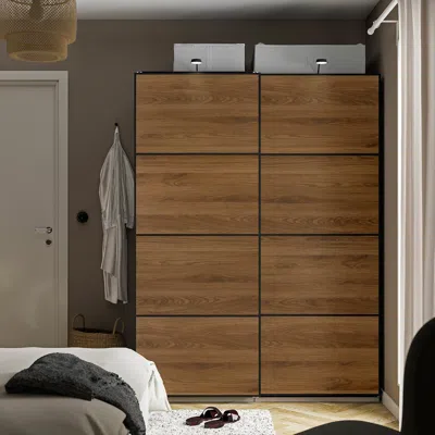 Ikea Pax / Mehamn Wardrobe With Sliding Doors, Gray-beige Black/double Sided Walnut, 59x26x79 1/8 "