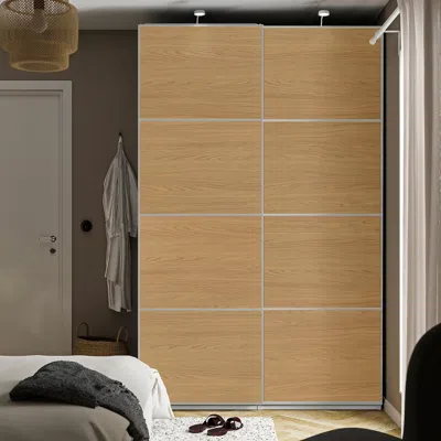 Ikea Pax / Mehamn Wardrobe With Sliding Doors, White Aluminum/double Sided Oak Effect, 59x26x92 7/8 "