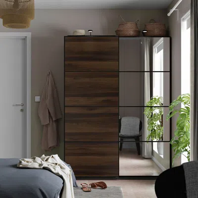 Ikea Pax / Mehamn/auli Wardrobe With Sliding Doors, Dark Gray Black/dark Brown Oak Effect Mirror Glass, 5
