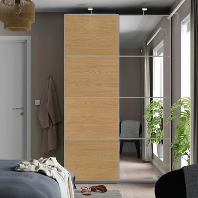 Ikea Pax / Mehamn/auli Wardrobe With Sliding Doors, White Aluminum/oak Effect Mirror Glass, 59x26x92 7/8 