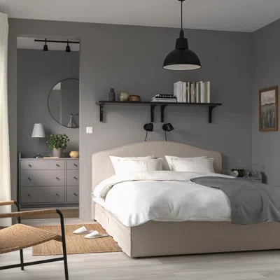 Ikea Ramnefjäll Upholstered Bed Frame, Kilanda Light Beige, Queen