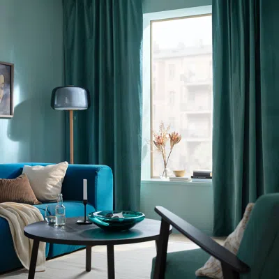 Ikea Sanela Curtains, 1 Pair, Dark Gray-turquoise/with Heading Tape, 55x98 "