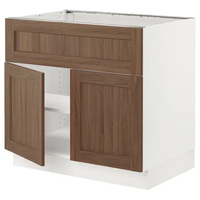 Ikea Sektion Base Cabinet For Cooktop/int Extra 2 Doors, White Enköping/brown Walnut Effect, 36x24x30 "