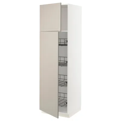 Ikea Sektion High Cabinet With Door/wire Baskets, White/stensund Beige, 24x24x80 " In Gray