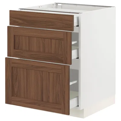 Ikea Sektion / Maximera Base Cabinet With 3 Drawers, White Enköping/brown Walnut Effect, 24x24x30 "