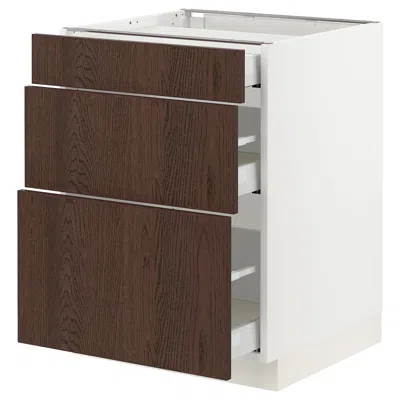Ikea Sektion / Maximera Base Cabinet With 3 Drawers, White/sinarp Brown, 24x24x30 "