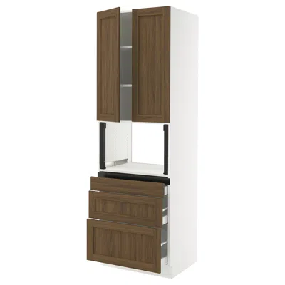 Ikea Sektion / Maximera High Cabinet For Microwave With 3 Drawers/2 Doors, White Enköping/brown Walnut Ef