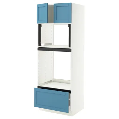 Ikea Sektion / Maximera High Cabinet For Oven/micro With Drawer/2 Doors, White/lerhyttan Blue, 30x24x80 "
