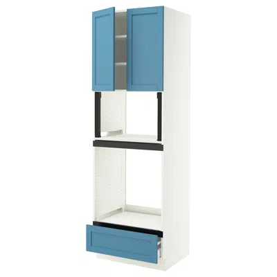 Ikea Sektion / Maximera High Cabinet For Oven/micro With Drawer/2 Doors, White/lerhyttan Blue, 30x24x90 "