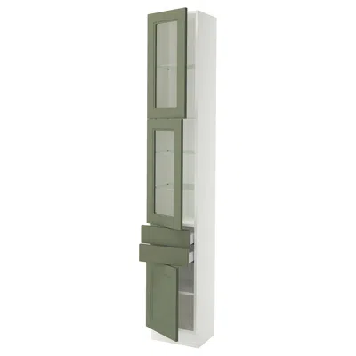 Ikea Sektion / Maximera High Cabinet With 2 Glass Doors/2 Drawerrs/1 Dr, White/axstad Gray-green, 15x15x9