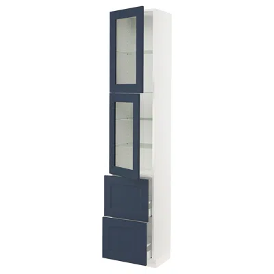 Ikea Sektion / Maximera High Cabinet With 2 Glass Doors/2 Drawers, White Axstad/matte Blue, 18x15x90 "