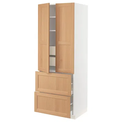Ikea Sektion / Maximera High Cabinet With 2drs/2 Fronts/4 Drawers, White/vedhamn Oak, 30x24x80 "