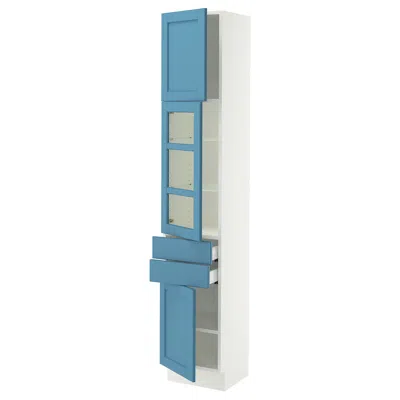 Ikea Sektion / Maximera High Cabinet With Glass Door/2 Drawerrs/2 Doors, White/lerhyttan Blue, 15x15x80 "