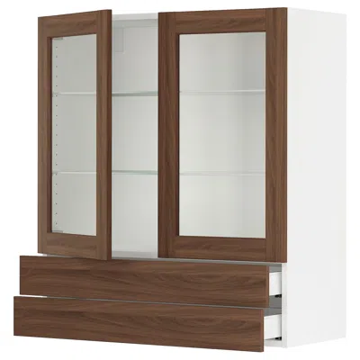 Ikea Sektion / Maximera Wall Cabinet With 2 Glass Doors/2 Drawers, White Enköping/brown Walnut Effect, 36
