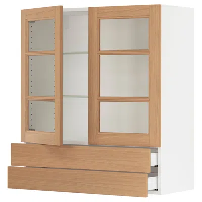 Ikea Sektion / Maximera Wall Cabinet With 2 Glass Doors/2 Drawers, White/vedhamn Oak, 36x15x40 " In Brown